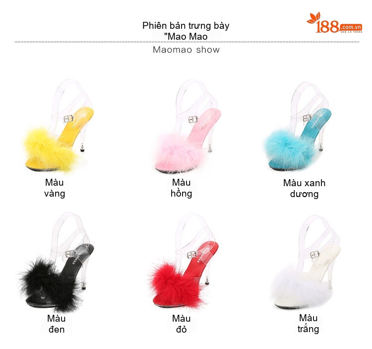 Giày Sandal Cao Gót Nữ Quai Trong Suốt Gót Nhọn Đính Lông Gót Cao 11cm Màu Hồng, Đỏ, Xanh Dương, Đen... chi tiết 3