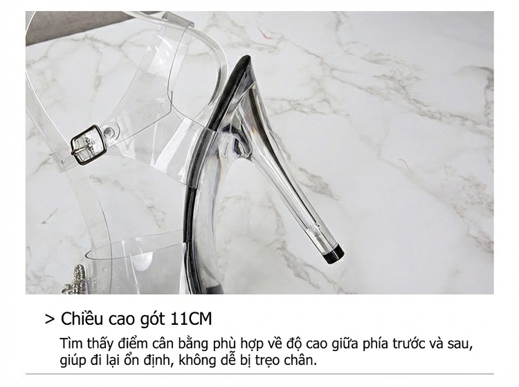 Giày Sandal Cao Gót Nữ Quai Trong Suốt Gót Nhọn Đính Lông Gót Cao 11cm Màu Hồng, Đỏ, Xanh Dương, Đen... chi tiết 8