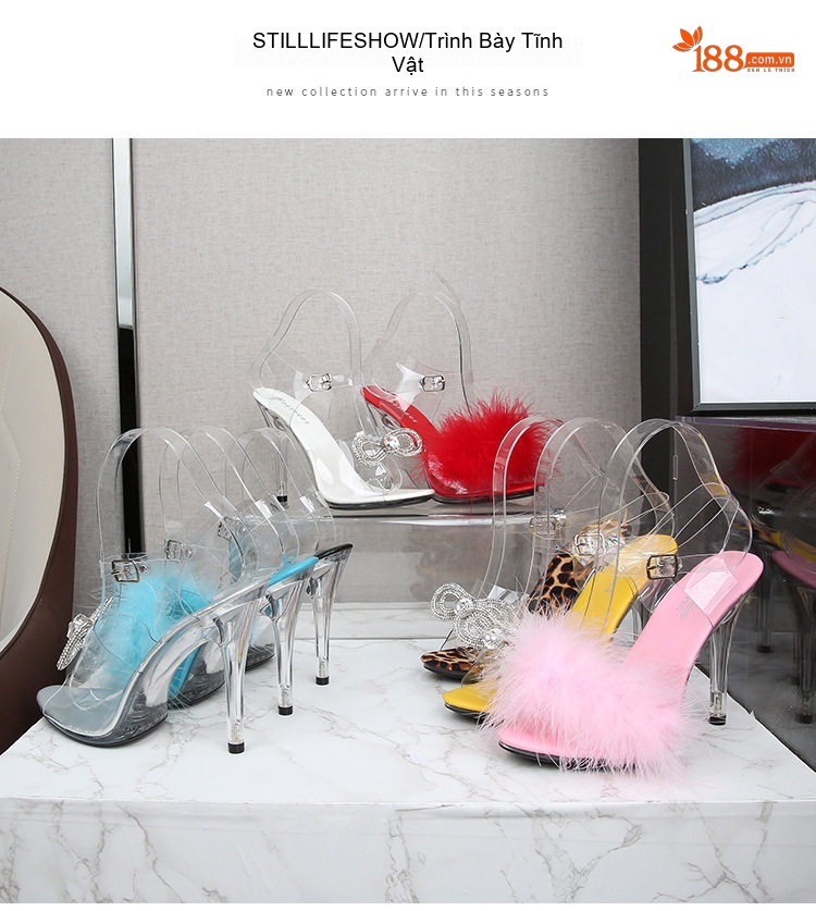 Giày Sandal Cao Gót Nữ Quai Trong Suốt Gót Nhọn Đính Lông Gót Cao 11cm Màu Hồng, Đỏ, Xanh Dương, Đen... chi tiết 11