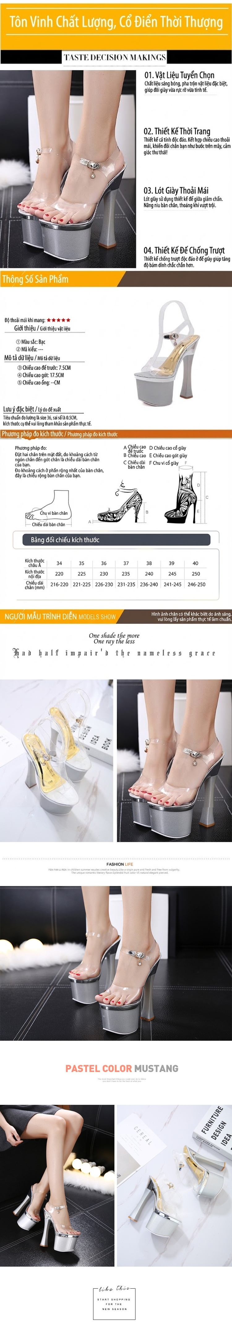 Giày Sandal Cao Gót Nữ Quai Trong Suốt Đế Xuồng Gót Cao 10cm - 12cm Màu Bạc, Vàng chi tiết 1