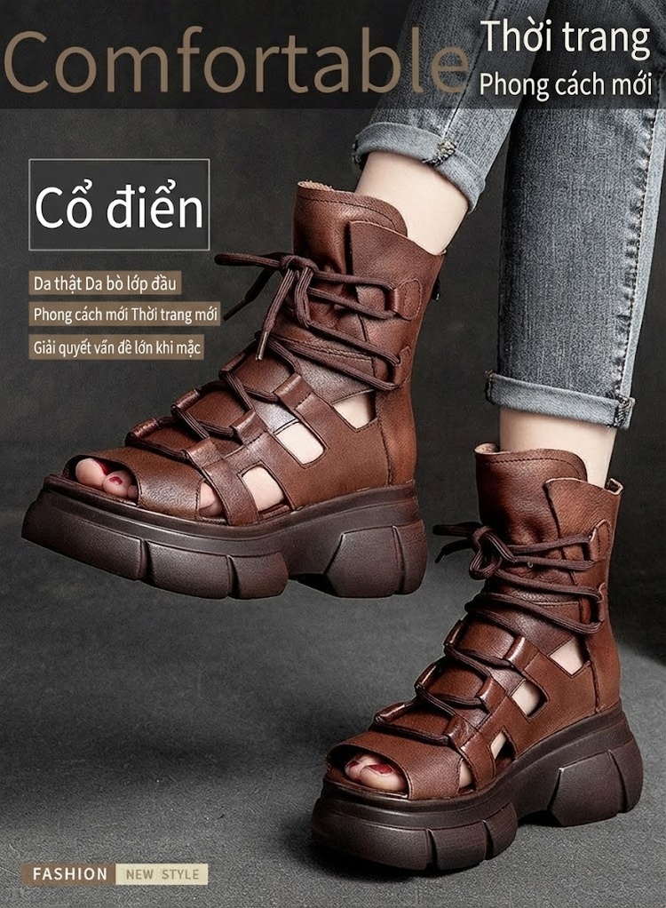 Dép Sandal Nữ Hở Ngón Cổ Cao Đế Xuồng Buộc Dây Đế Cao 5cm - 6cm Màu Nâu, Đen chi tiết 1