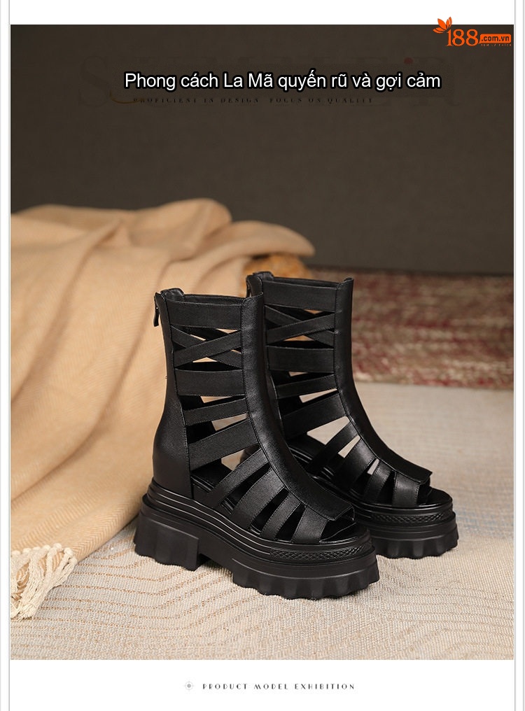 Giày Sandal Cao Gót Nữ Da Thật Hở Ngón Quai Dọc Đế Cao 10cm Màu Đen, Trắng chi tiết 5