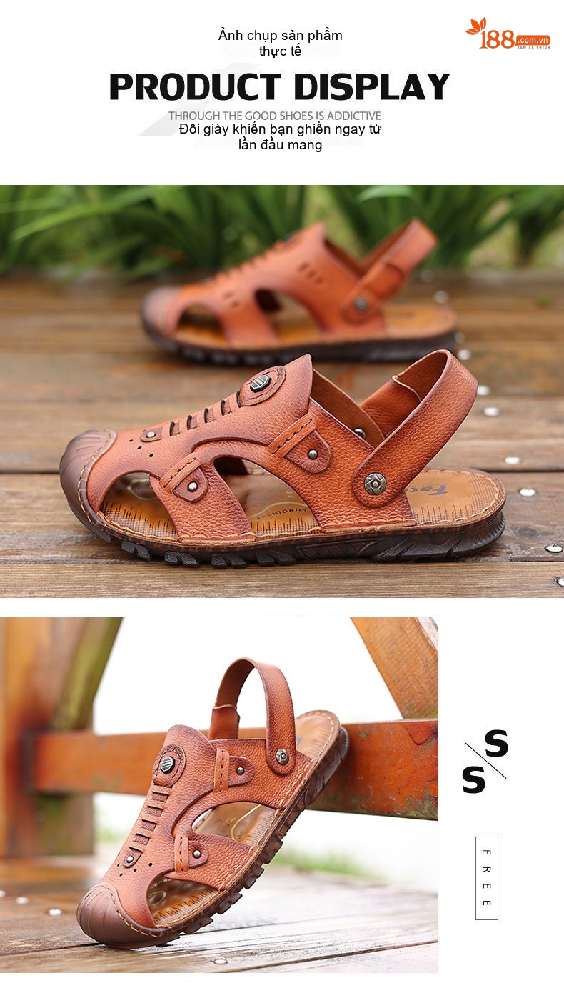 Sandal Da Bò Mũi Kín Nam Thoáng Khí 2in1 Chiều Cao Đế Khoảng 2cm Màu Nâu chi tiết 11