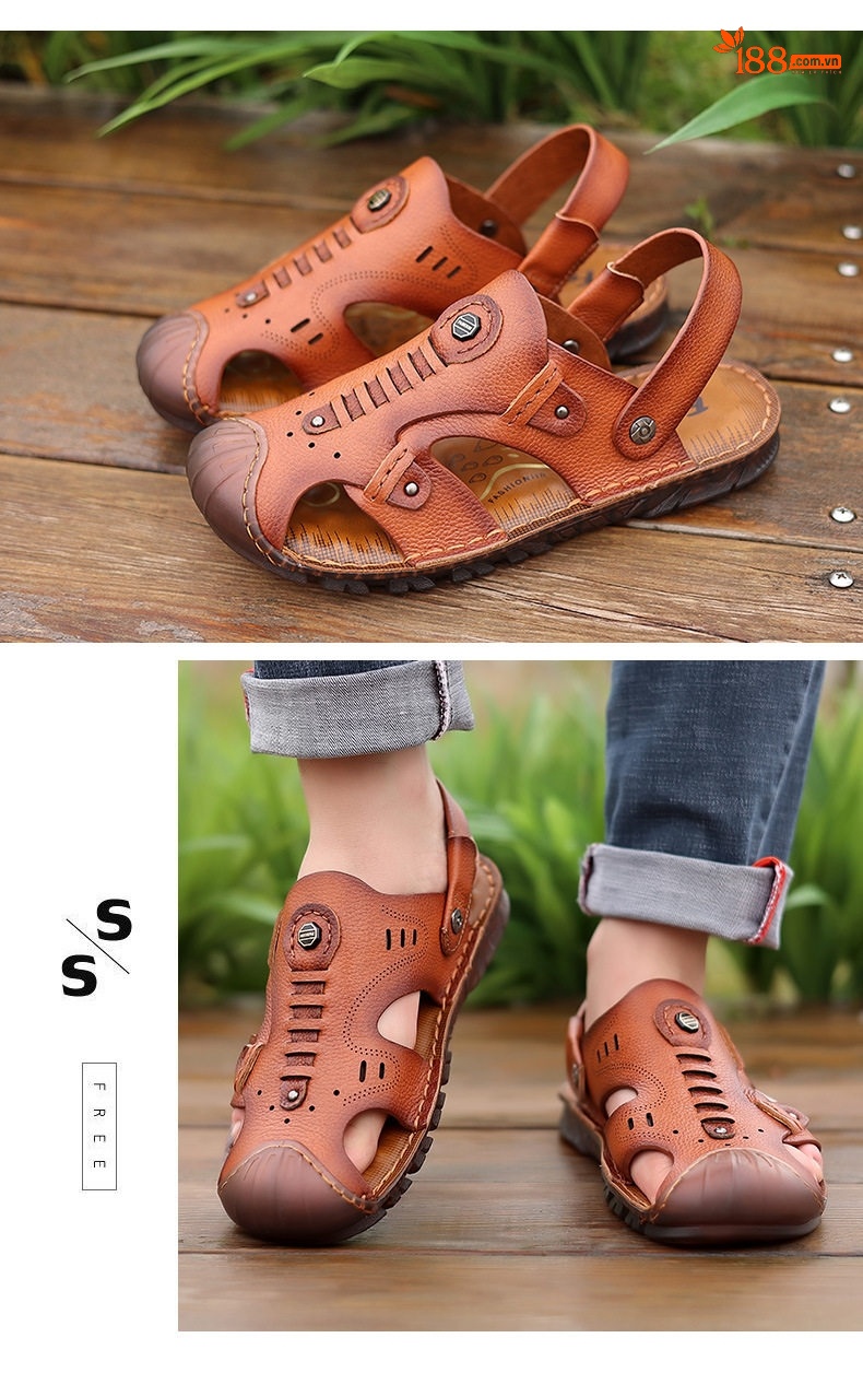 Sandal Da Bò Mũi Kín Nam Thoáng Khí 2in1 Chiều Cao Đế Khoảng 2cm Màu Nâu chi tiết 12