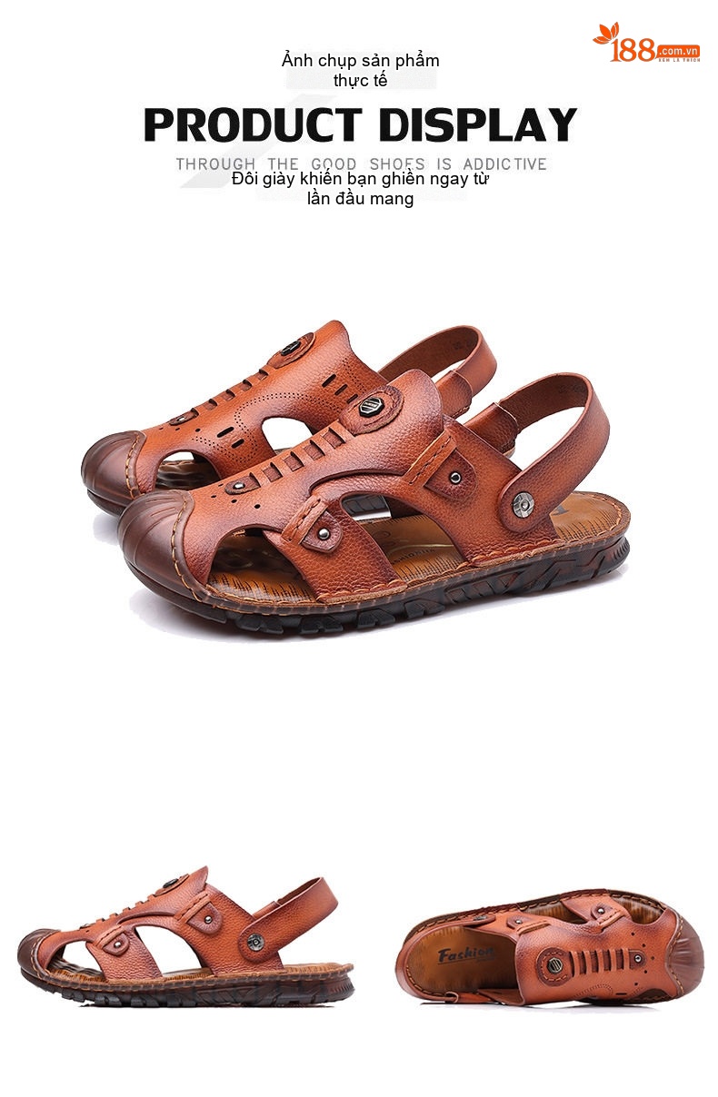 Sandal Da Bò Mũi Kín Nam Thoáng Khí 2in1 Chiều Cao Đế Khoảng 2cm Màu Nâu chi tiết 18