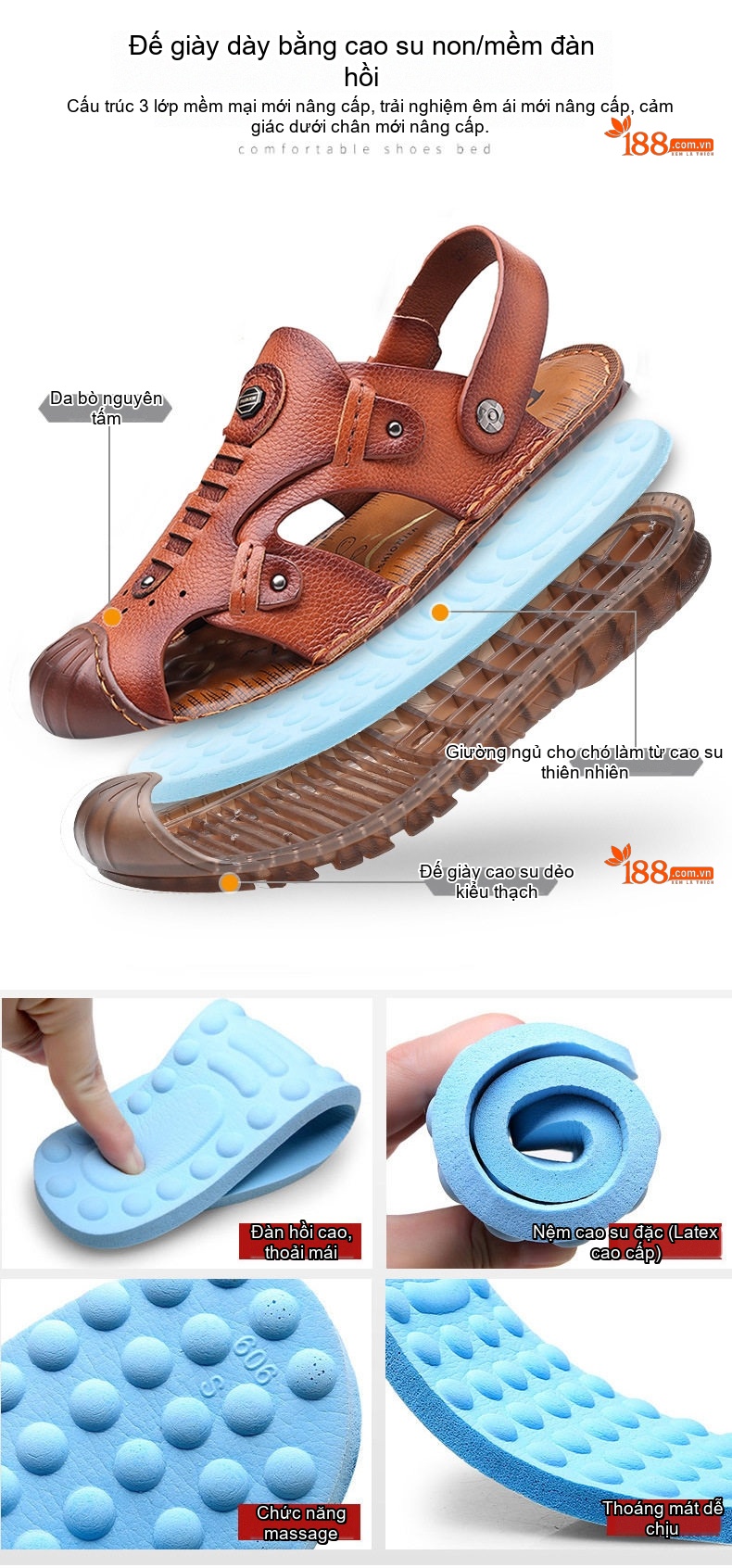 Sandal Da Bò Mũi Kín Nam Thoáng Khí 2in1 Chiều Cao Đế Khoảng 2cm Màu Nâu chi tiết 5