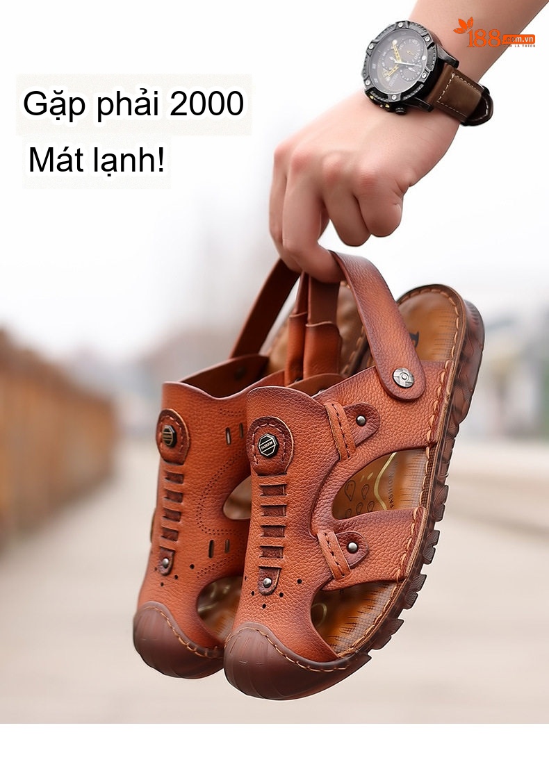 Sandal Da Bò Mũi Kín Nam Thoáng Khí 2in1 Chiều Cao Đế Khoảng 2cm Màu Nâu chi tiết 4