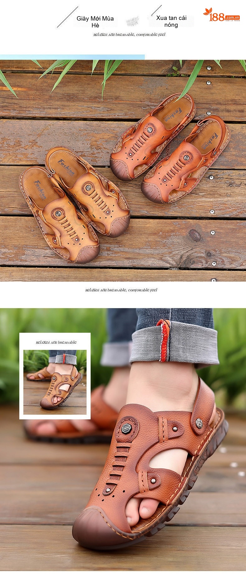 Sandal Da Bò Mũi Kín Nam Thoáng Khí 2in1 Chiều Cao Đế Khoảng 2cm Màu Nâu chi tiết 7