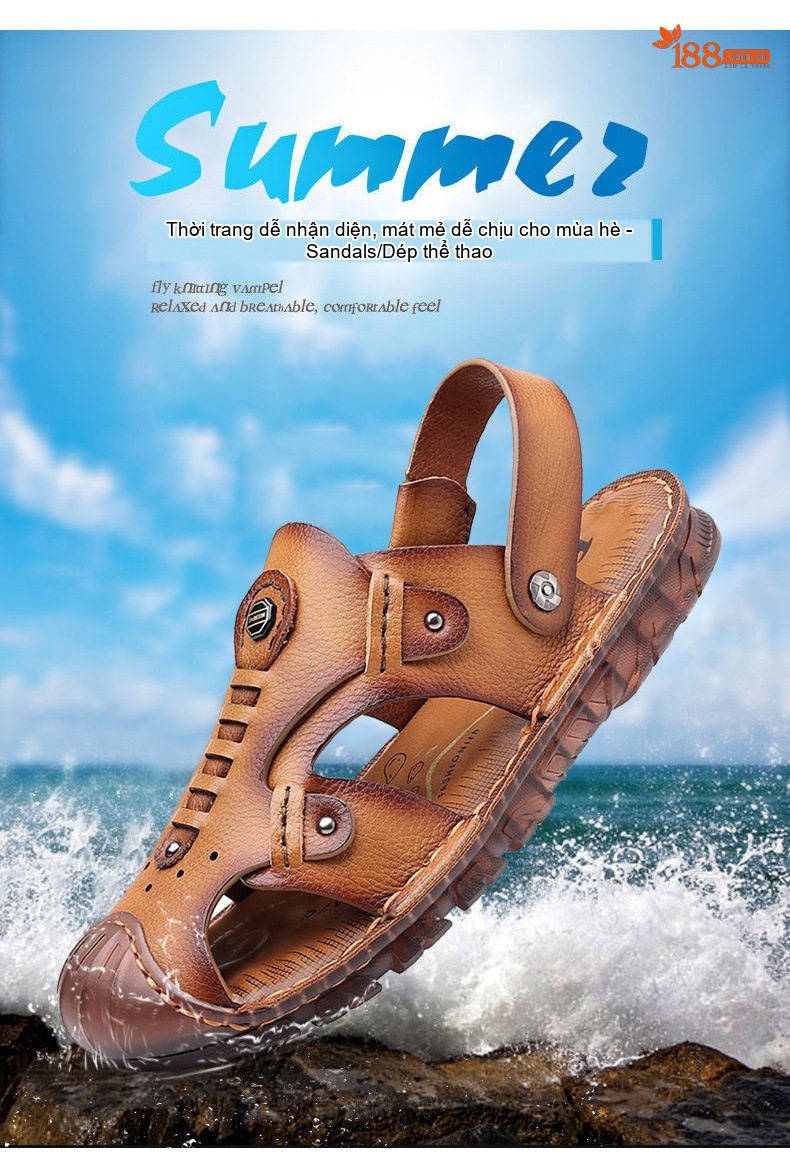 Sandal Da Bò Mũi Kín Nam Thoáng Khí 2in1 Chiều Cao Đế Khoảng 2cm Màu Nâu chi tiết 2