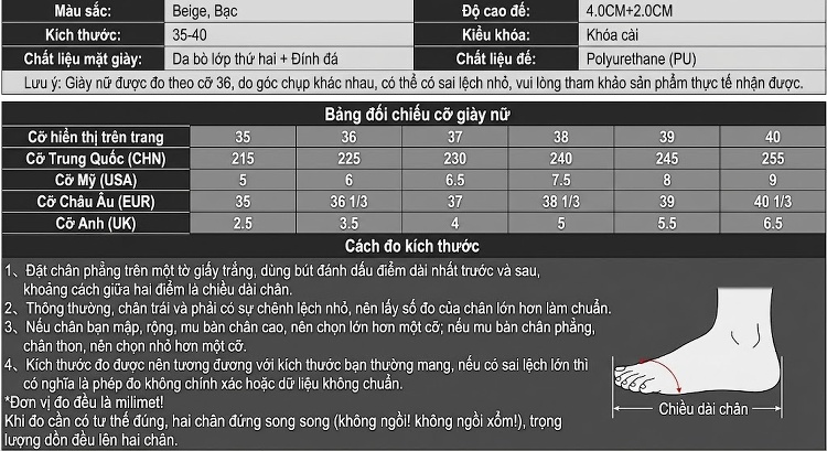 Dép Sandal Nữ Đế Xuồng Quai Lưới Đính Đá Đế Cao 4cm - 5cm Màu Trắng, Bạc chi tiết 33
