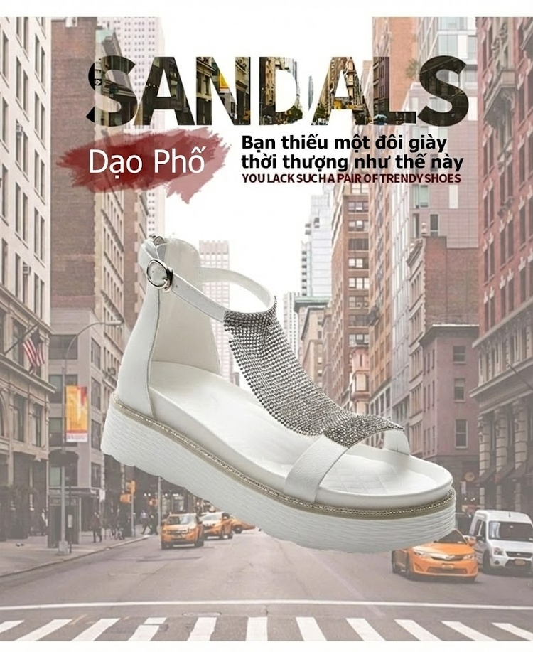 Dép Sandal Nữ Đế Xuồng Quai Lưới Đính Đá Đế Cao 4cm - 5cm Màu Trắng, Bạc chi tiết 1