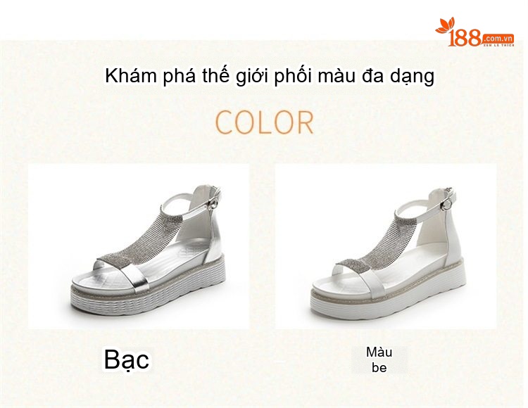 Dép Sandal Nữ Đế Xuồng Quai Lưới Đính Đá Đế Cao 4cm - 5cm Màu Trắng, Bạc chi tiết 5