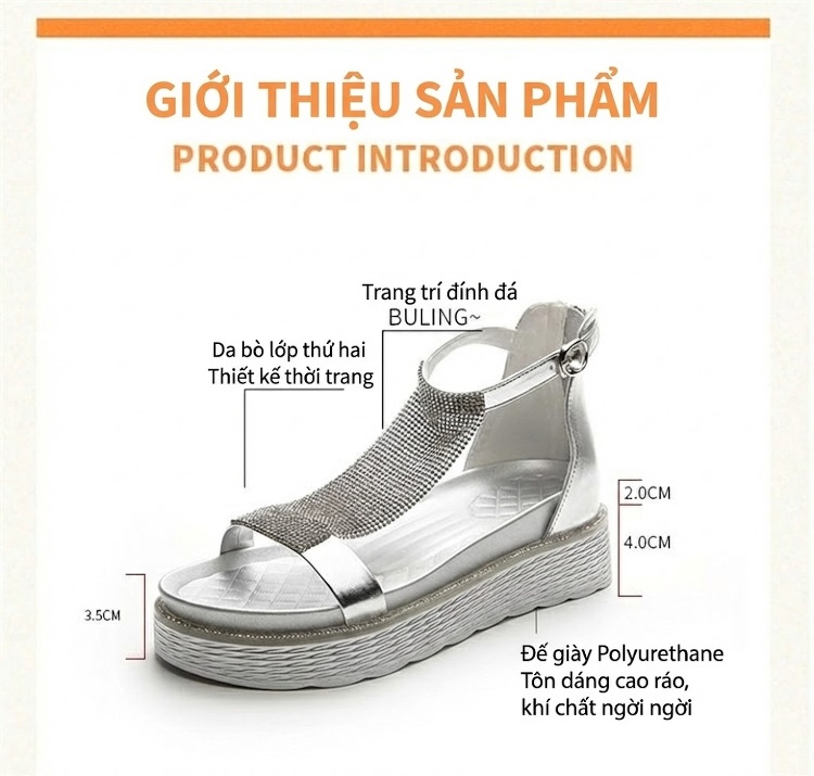 Dép Sandal Nữ Đế Xuồng Quai Lưới Đính Đá Đế Cao 4cm - 5cm Màu Trắng, Bạc chi tiết 6