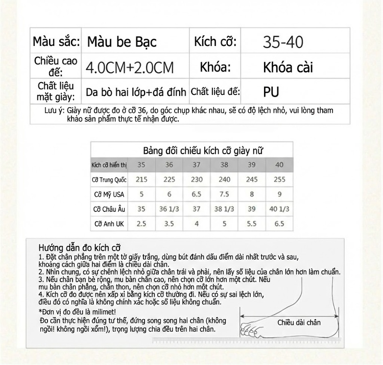 Dép Sandal Nữ Đế Xuồng Quai Lưới Đính Đá Đế Cao 4cm - 5cm Màu Trắng, Bạc chi tiết 7