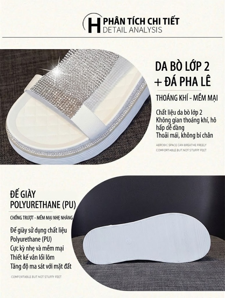 Dép Sandal Nữ Đế Xuồng Quai Lưới Đính Đá Đế Cao 4cm - 5cm Màu Trắng, Bạc chi tiết 8