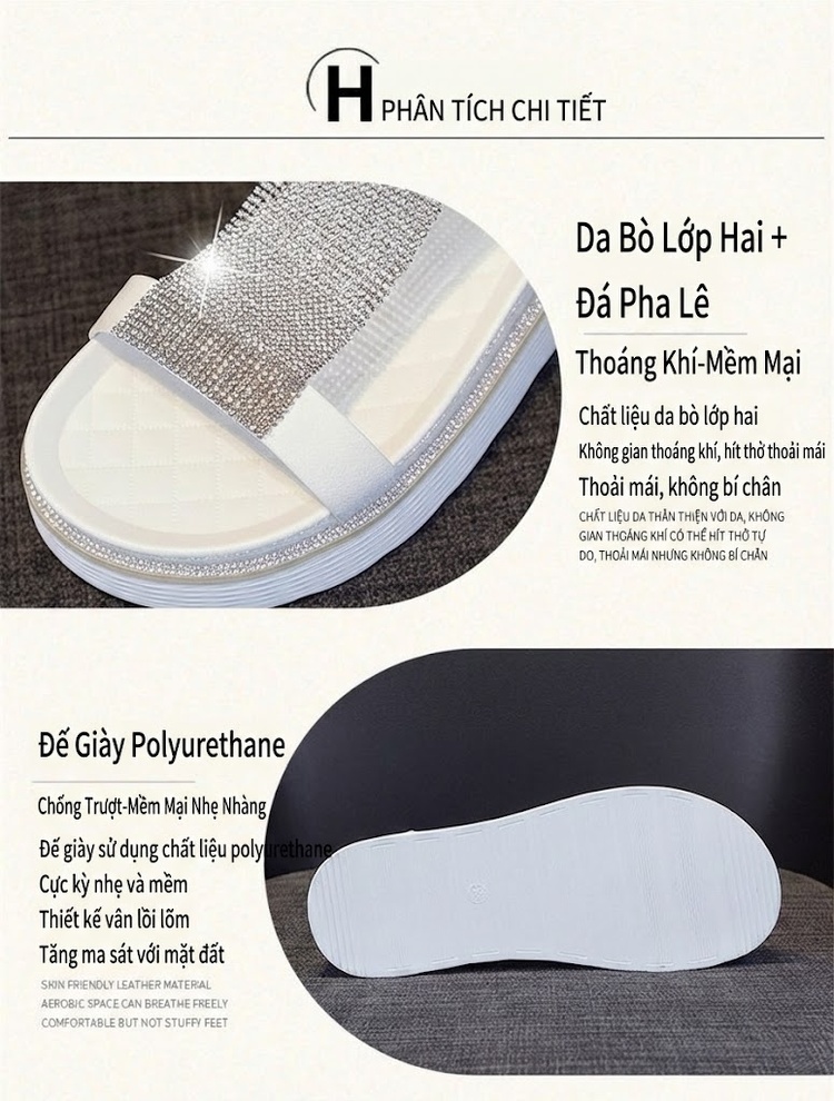Dép Sandal Nữ Đế Xuồng Quai Lưới Đính Đá Đế Cao 4cm - 5cm Màu Trắng, Bạc chi tiết 34