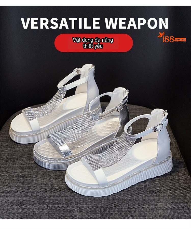 Dép Sandal Nữ Đế Xuồng Quai Lưới Đính Đá Đế Cao 4cm - 5cm Màu Trắng, Bạc chi tiết 29