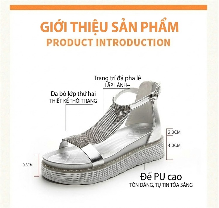 Dép Sandal Nữ Đế Xuồng Quai Lưới Đính Đá Đế Cao 4cm - 5cm Màu Trắng, Bạc chi tiết 32