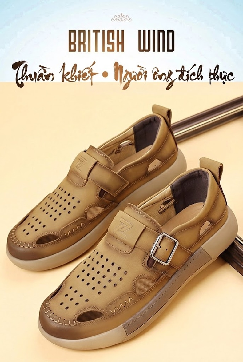Sandal Nam Da Bò Đục Lỗ Thoáng Khí Quai Khóa Chiều Cao Đế Khoảng 3cm Màu Nâu, Đen chi tiết 2