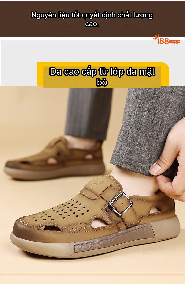 Sandal Nam Da Bò Đục Lỗ Thoáng Khí Quai Khóa Chiều Cao Đế Khoảng 3cm Màu Nâu, Đen chi tiết 4
