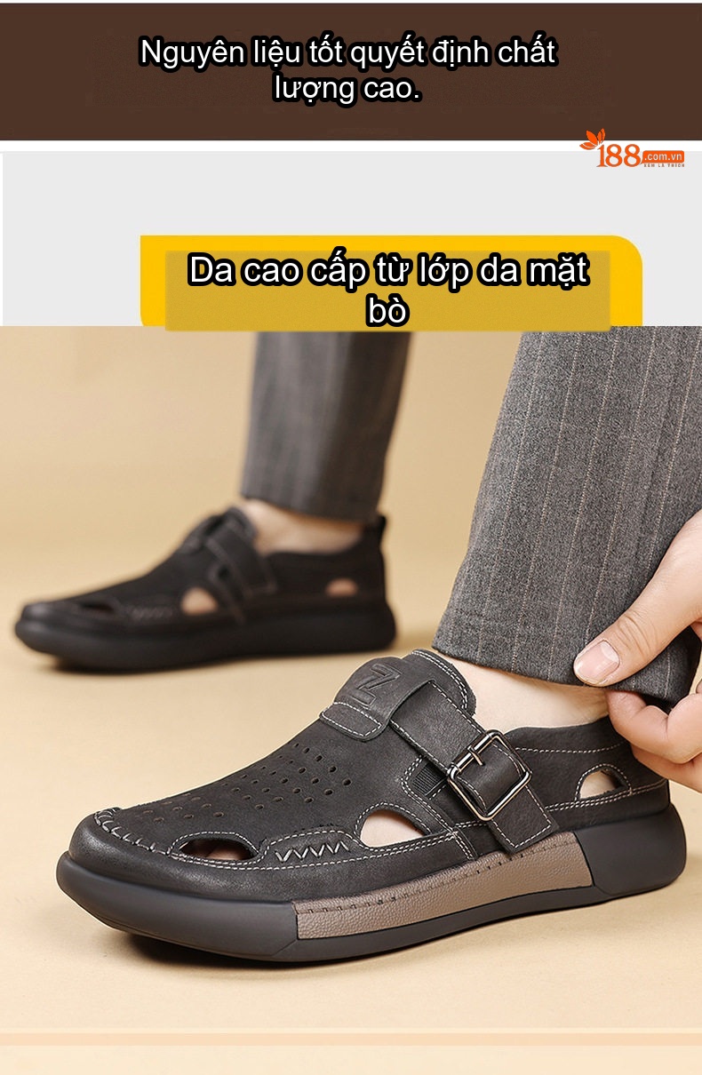 Sandal Nam Da Bò Đục Lỗ Thoáng Khí Quai Khóa Chiều Cao Đế Khoảng 3cm Màu Nâu, Đen chi tiết 5