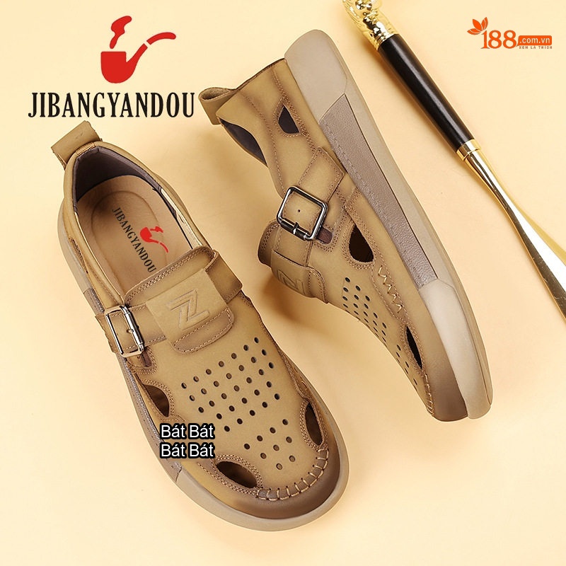 Sandal Nam Da Bò Đục Lỗ Thoáng Khí Quai Khóa Chiều Cao Đế Khoảng 3cm Màu Nâu, Đen chi tiết 9