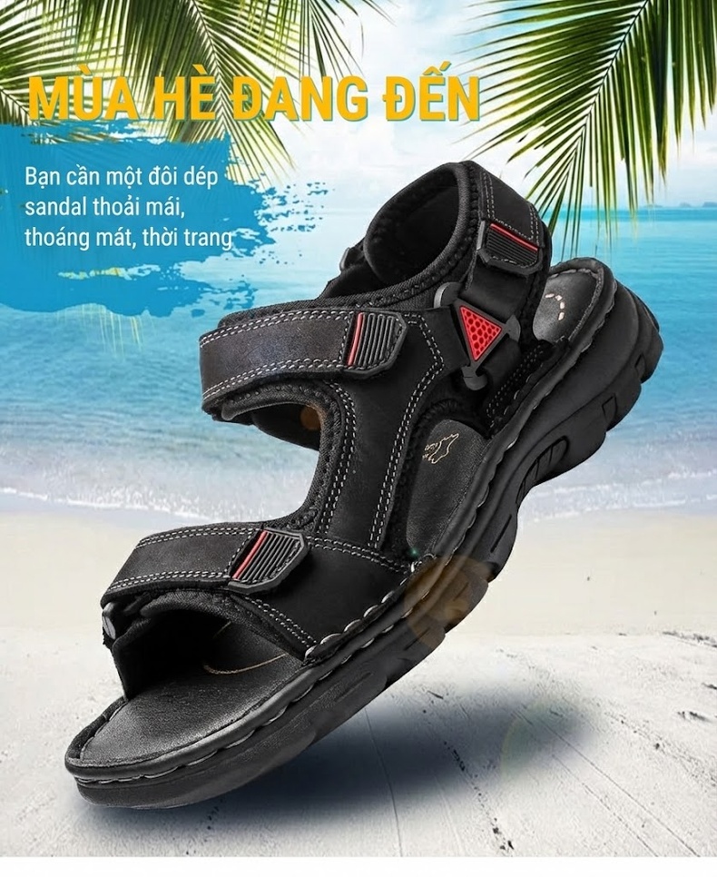 Sandal Nam Da Bò Hở Ngón Thoáng Khí Chiều Cao Đế Khoảng 3cm Màu Đen, Nâu chi tiết 1