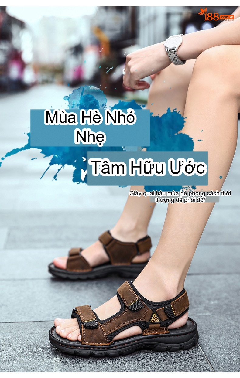 Sandal Nam Da Bò Hở Ngón Thoáng Khí Chiều Cao Đế Khoảng 3cm Màu Đen, Nâu chi tiết 2