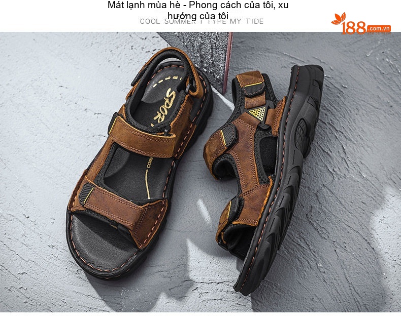 Sandal Nam Da Bò Hở Ngón Thoáng Khí Chiều Cao Đế Khoảng 3cm Màu Đen, Nâu chi tiết 23