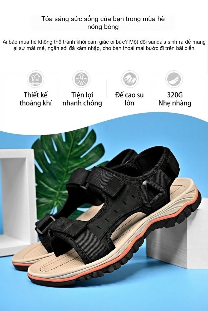 Sandal Nam Da Bò Mùa Hè Đế Dày Khoảng 3cm Quai Dán Mũi Hở Màu Nâu, Đen, Xám chi tiết 7
