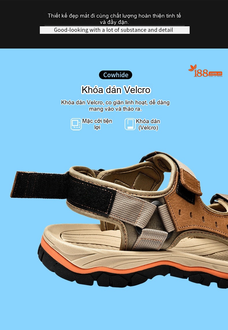Sandal Nam Da Bò Mùa Hè Đế Dày Khoảng 3cm Quai Dán Mũi Hở Màu Nâu, Đen, Xám chi tiết 10