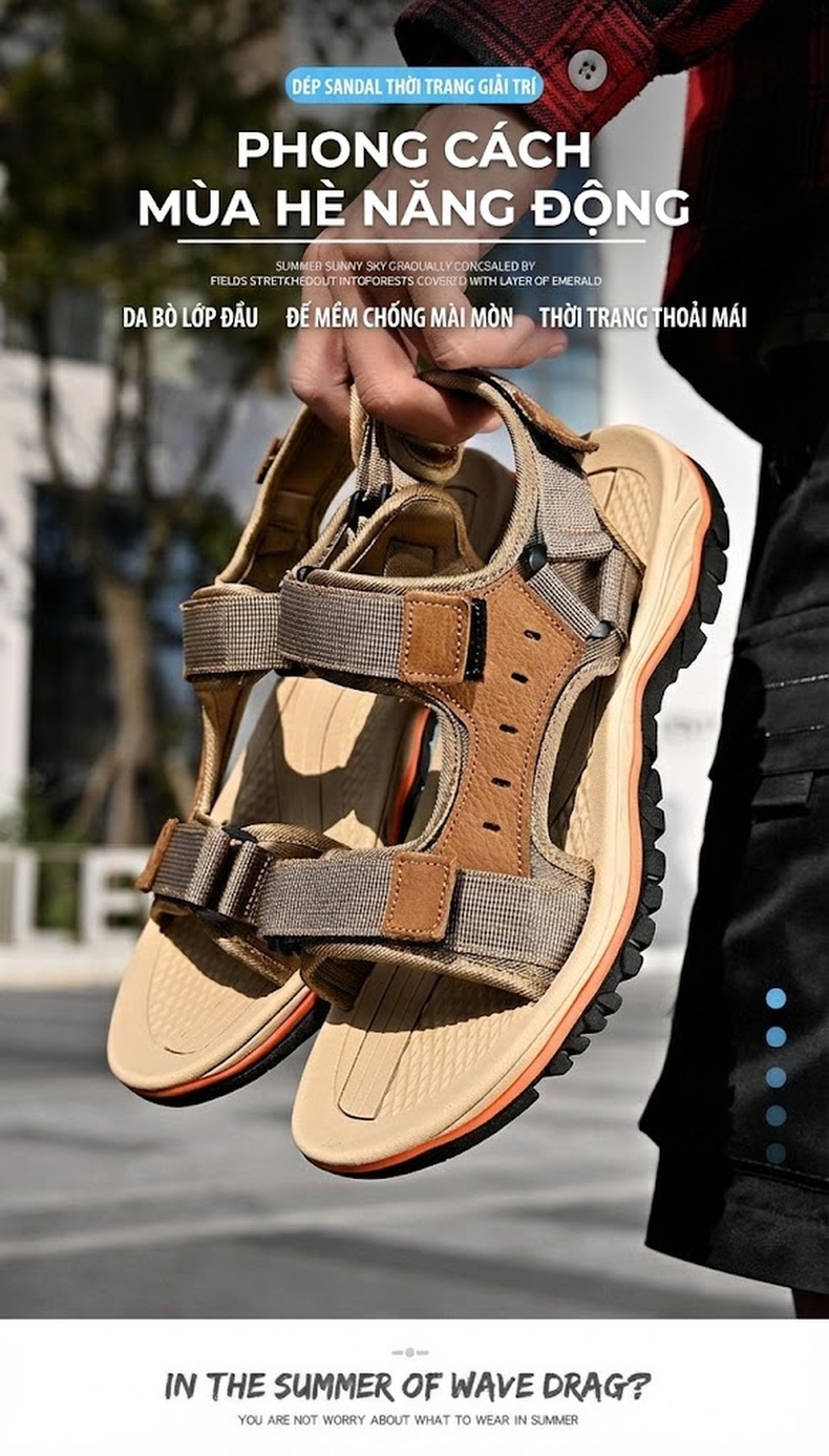 Sandal Nam Da Bò Mùa Hè Đế Dày Khoảng 3cm Quai Dán Mũi Hở Màu Nâu, Đen, Xám chi tiết 1