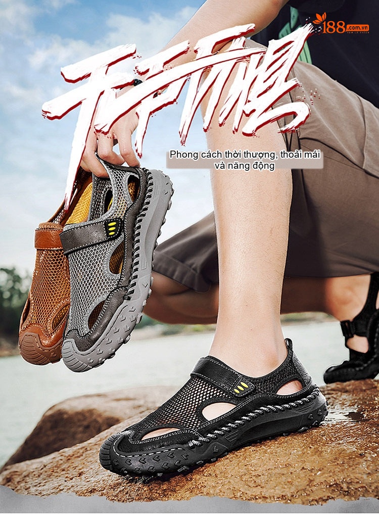 Sandal Nam Da Thật Lưới Thoáng Khí Chiều Cao Đế Khoảng 3cm Màu Nâu, Đen, Xám chi tiết 1