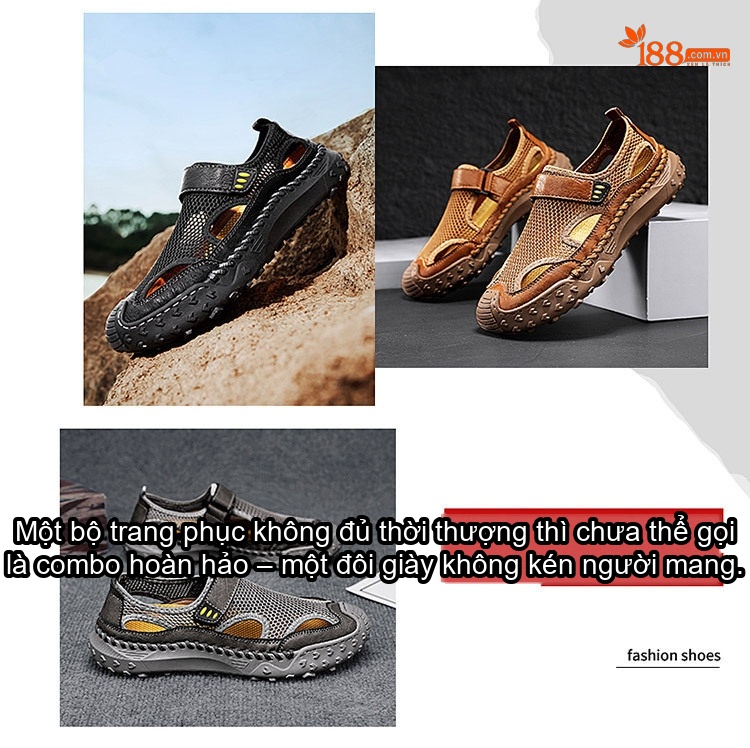 Sandal Nam Da Thật Lưới Thoáng Khí Chiều Cao Đế Khoảng 3cm Màu Nâu, Đen, Xám chi tiết 3