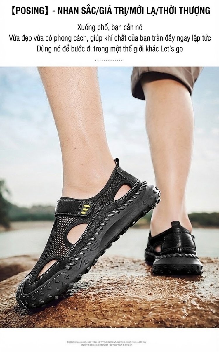 Sandal Nam Da Thật Lưới Thoáng Khí Chiều Cao Đế Khoảng 3cm Màu Nâu, Đen, Xám chi tiết 11