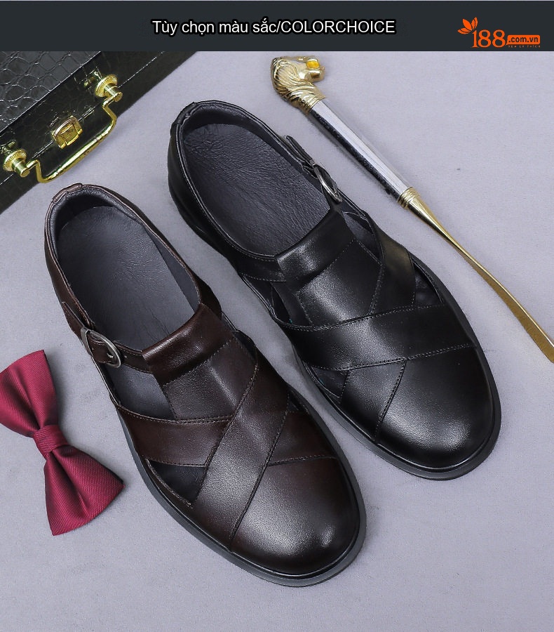 Sandal Nam Da Thật Quai Hậu Thoáng Khí Chiều Cao Đế Khoảng 2cm Màu Đen, Nâu chi tiết 2