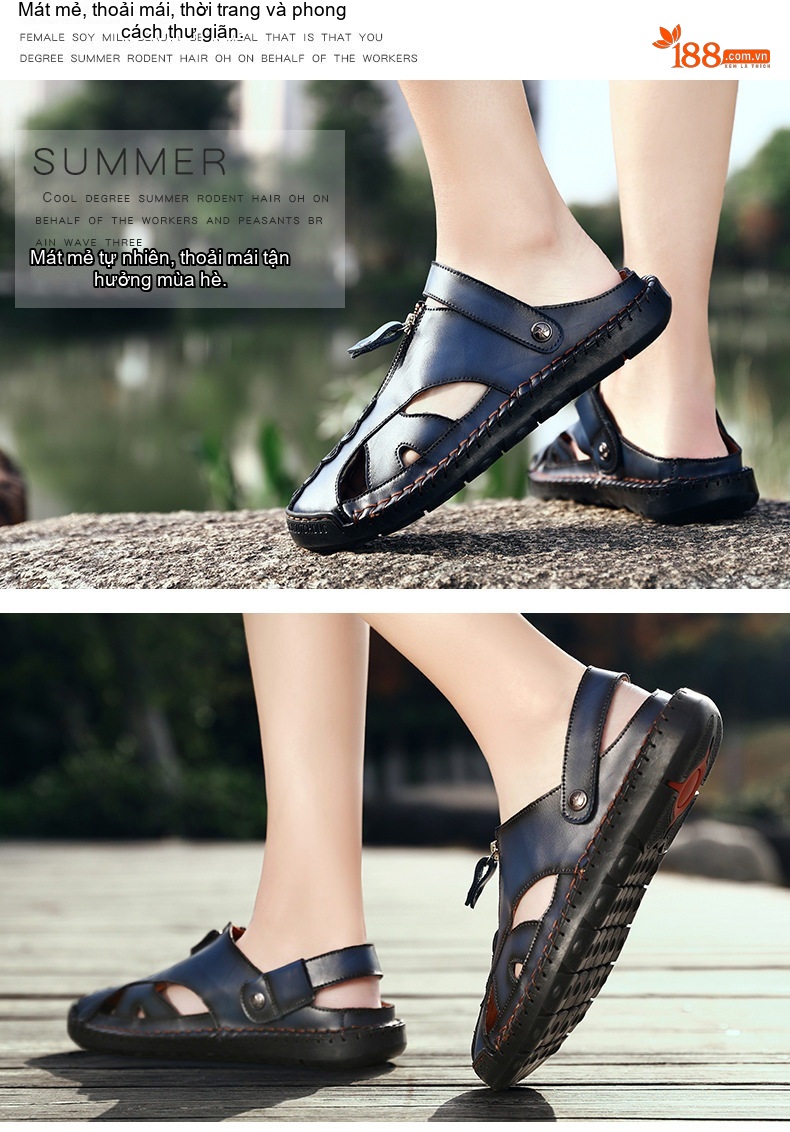 Sandal Nam Da Thật Thủ Công Xỏ Ngón Chiều Cao Đế Khoảng 2cm Màu Nâu, Đen, Xanh Navy chi tiết 11