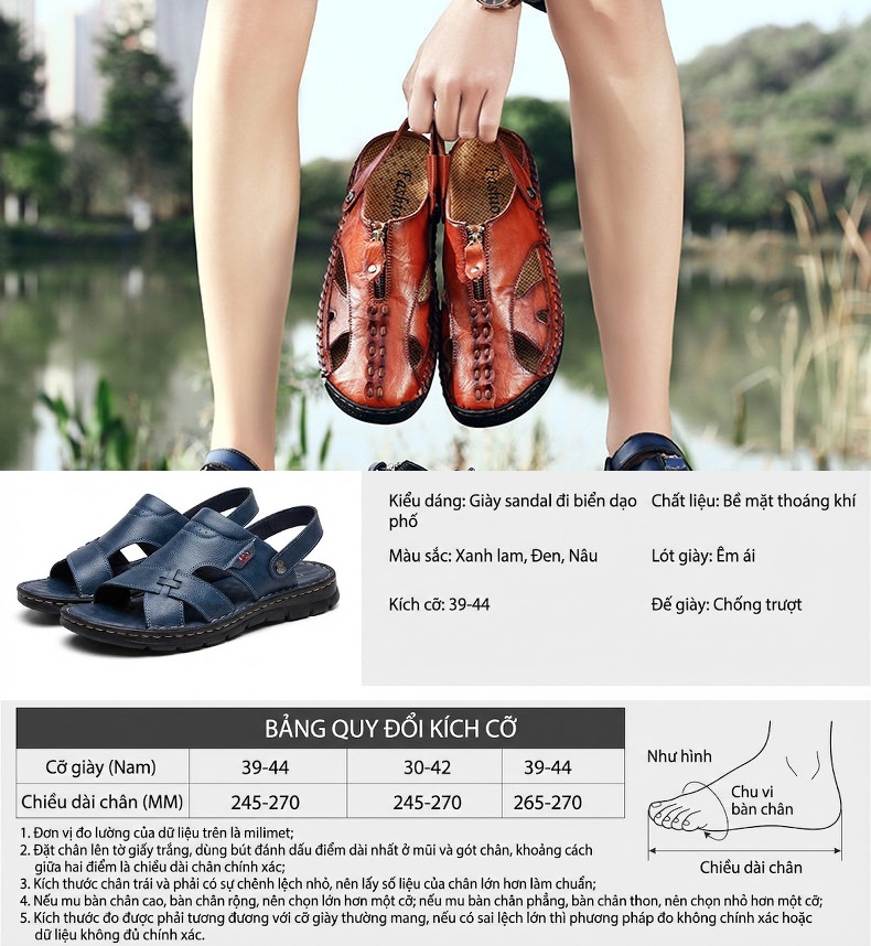 Sandal Nam Da Thật Thủ Công Xỏ Ngón Chiều Cao Đế Khoảng 2cm Màu Nâu, Đen, Xanh Navy chi tiết 3