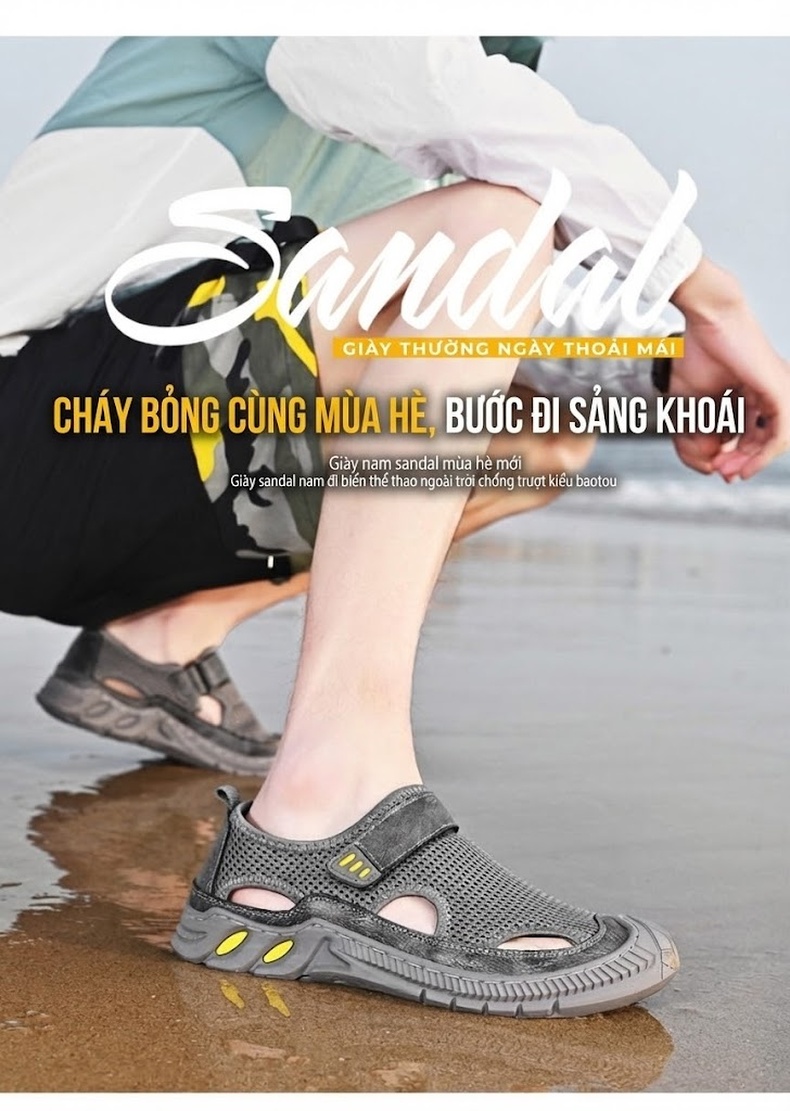 Sandal Nam Lưới Thoáng Khí Mũi Bít Chiều Cao Đế Khoảng 3cm Màu Đen, Xám chi tiết 9