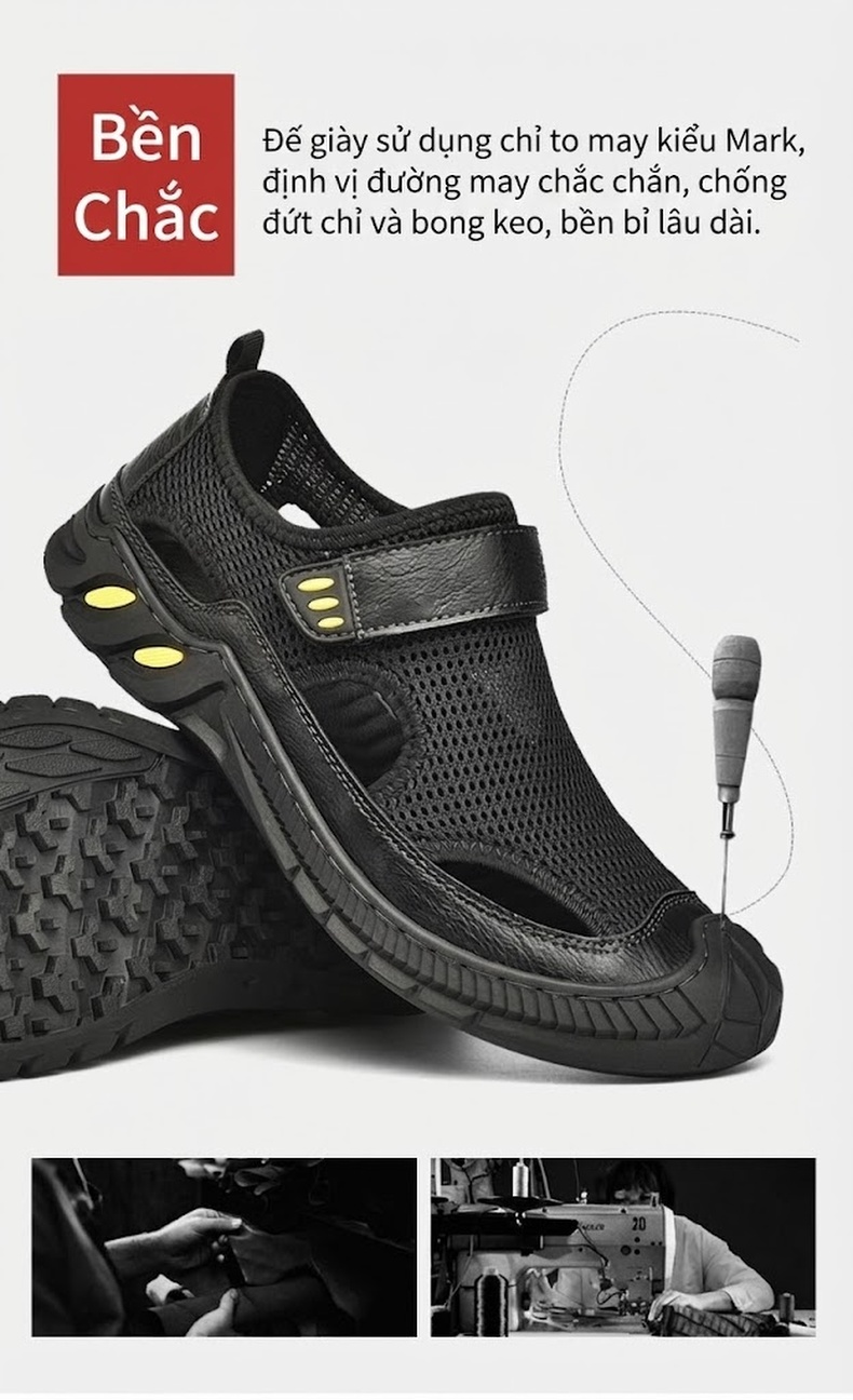 Sandal Nam Lưới Thoáng Khí Mũi Bít Chiều Cao Đế Khoảng 3cm Màu Đen, Xám chi tiết 13