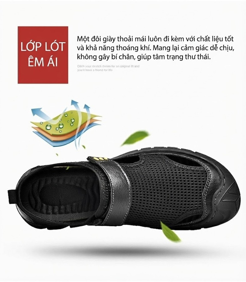 Sandal Nam Lưới Thoáng Khí Mũi Bít Chiều Cao Đế Khoảng 3cm Màu Đen, Xám chi tiết 14