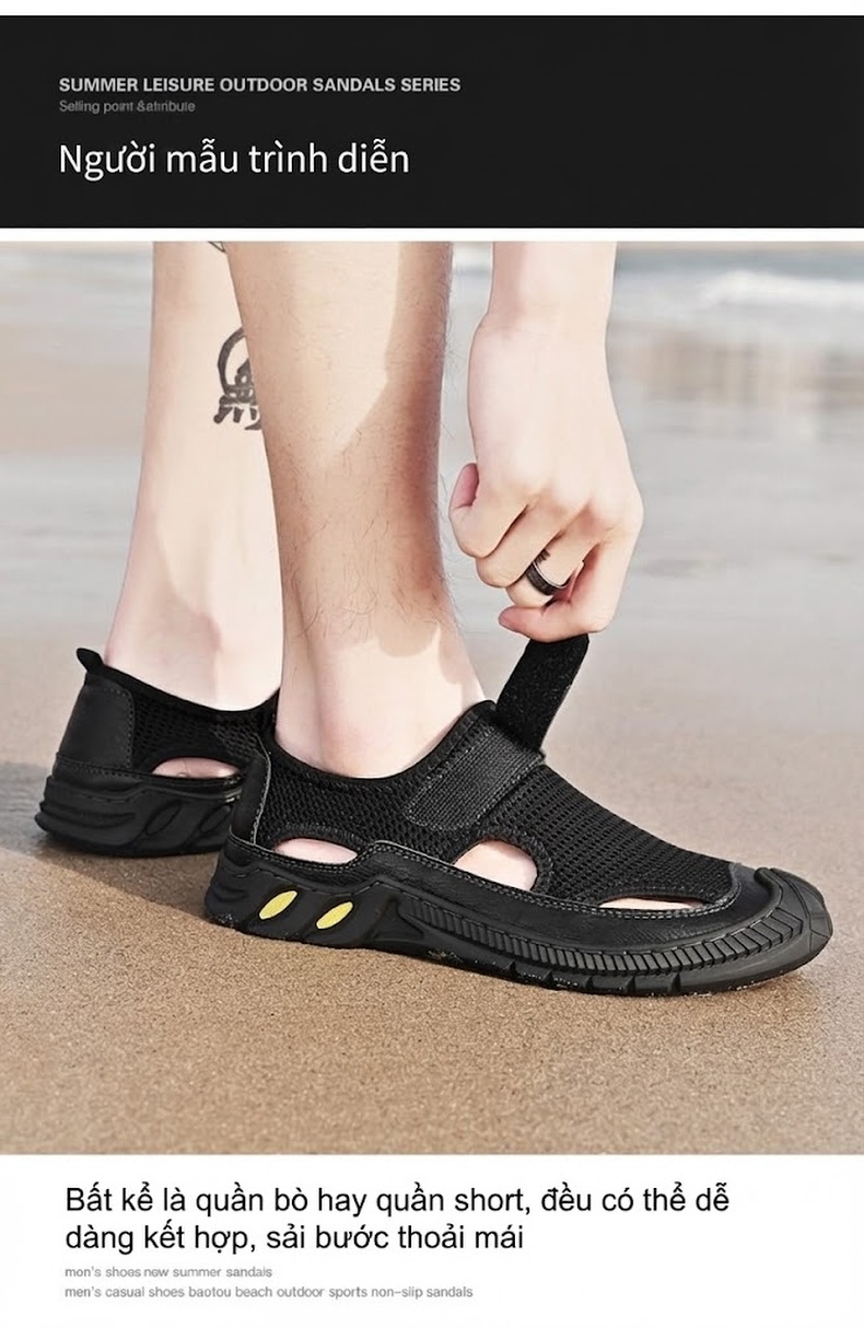 Sandal Nam Lưới Thoáng Khí Mũi Bít Chiều Cao Đế Khoảng 3cm Màu Đen, Xám chi tiết 16
