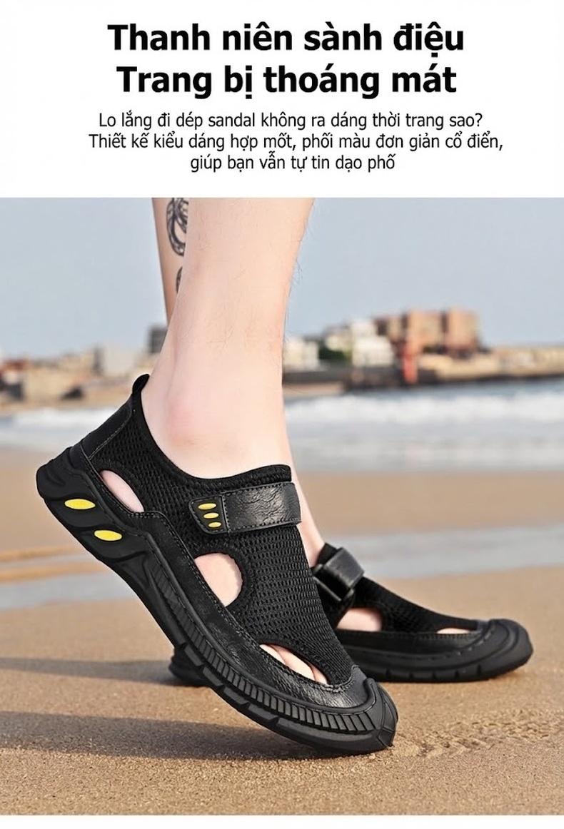 Sandal Nam Lưới Thoáng Khí Mũi Bít Chiều Cao Đế Khoảng 3cm Màu Đen, Xám chi tiết 20