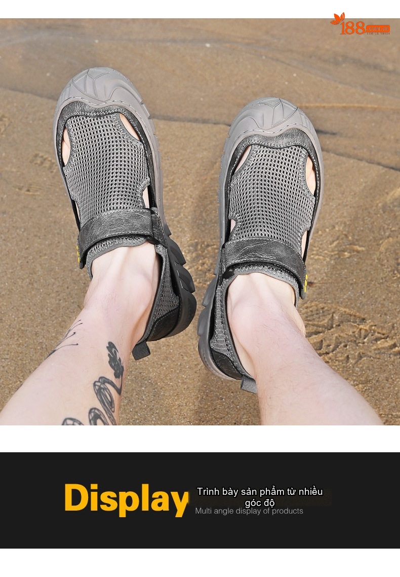 Sandal Nam Lưới Thoáng Khí Mũi Bít Chiều Cao Đế Khoảng 3cm Màu Đen, Xám chi tiết 27