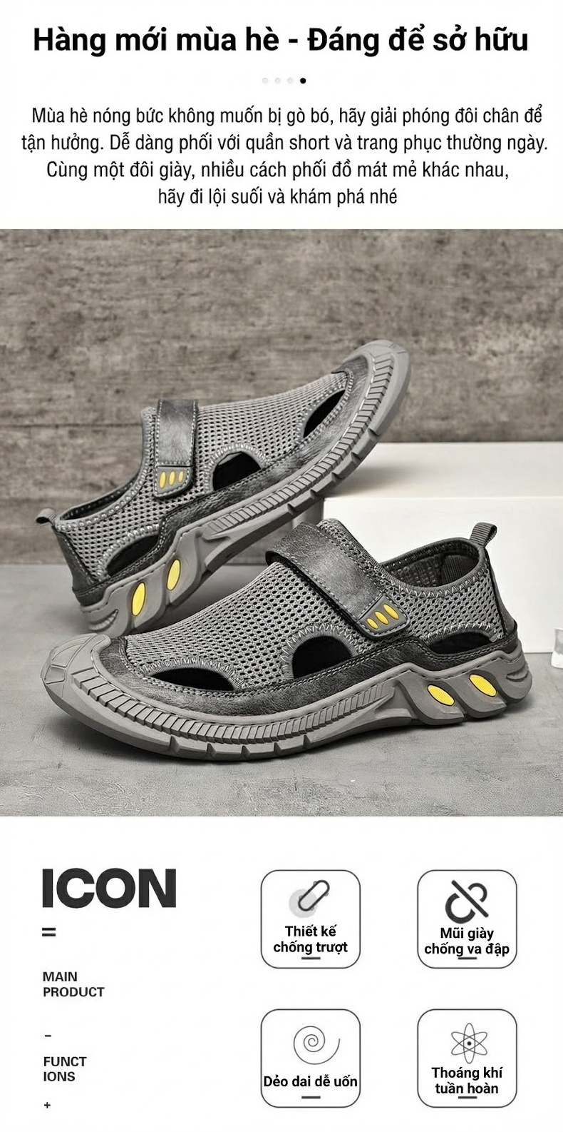 Sandal Nam Lưới Thoáng Khí Mũi Bít Chiều Cao Đế Khoảng 3cm Màu Đen, Xám chi tiết 3