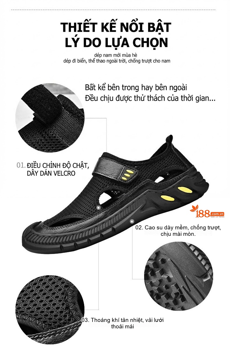 Sandal Nam Lưới Thoáng Khí Mũi Bít Chiều Cao Đế Khoảng 3cm Màu Đen, Xám chi tiết 4