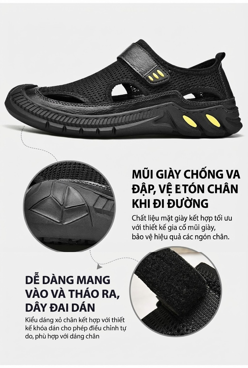 Sandal Nam Lưới Thoáng Khí Mũi Bít Chiều Cao Đế Khoảng 3cm Màu Đen, Xám chi tiết 11