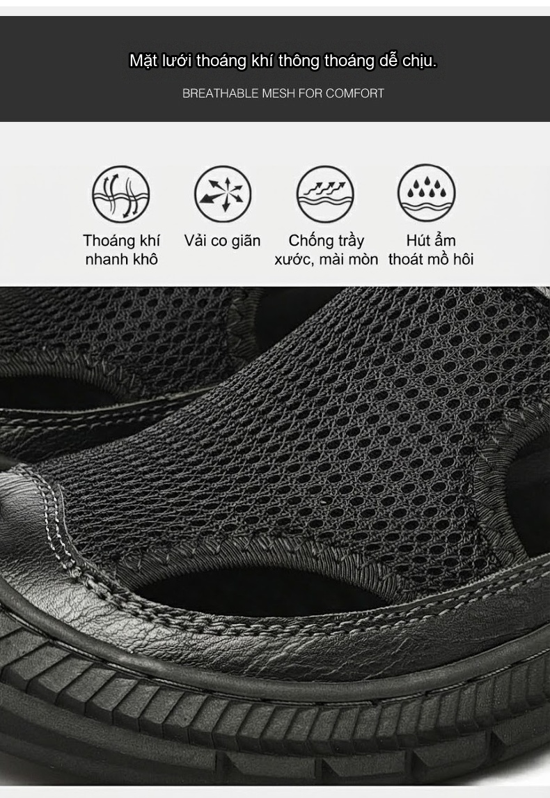 Sandal Nam Lưới Thoáng Khí Mũi Bít Chiều Cao Đế Khoảng 3cm Màu Đen, Xám chi tiết 12