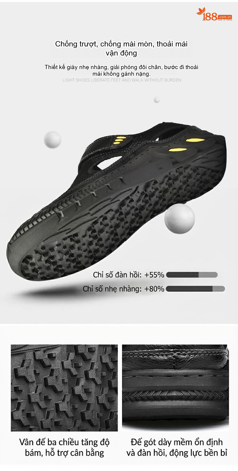 Sandal Nam Lưới Thoáng Khí Mũi Bít Chiều Cao Đế Khoảng 3cm Màu Đen, Xám chi tiết 15
