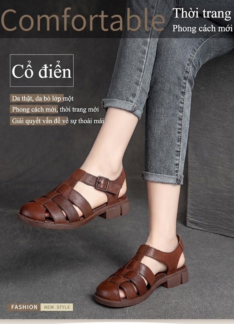 Dép Sandal Nữ Bít Mũi Quai Hậu Đế Bệt Đế Cao 3cm - 4cm Màu Trắng, Nâu, Đen chi tiết 2